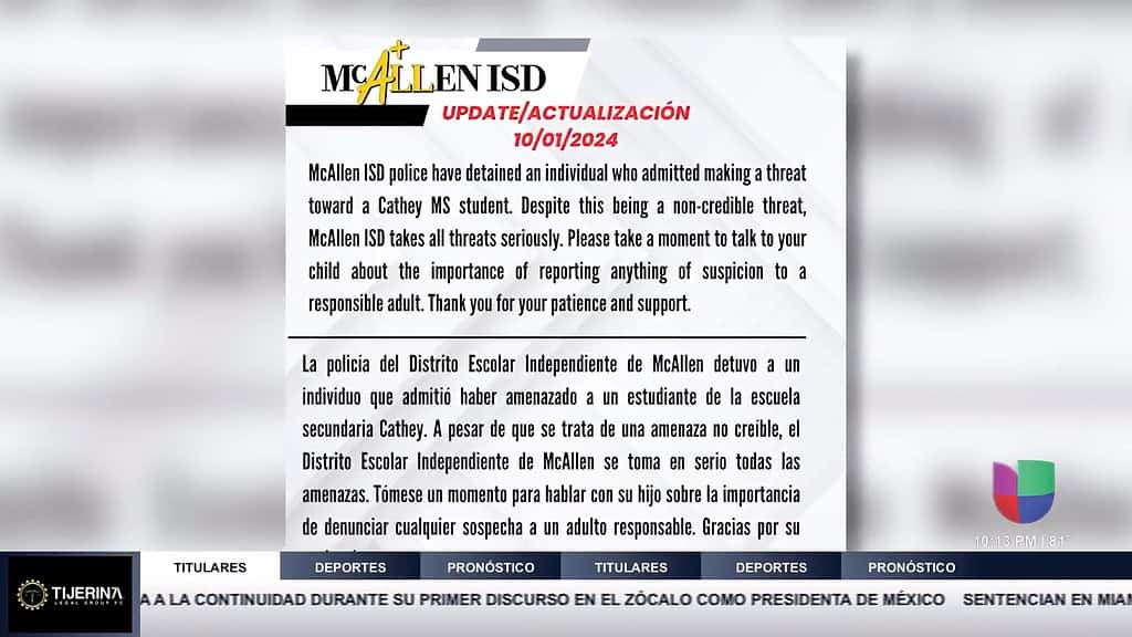 Arrestan a Individuo por Amenazar a Estudiante en la Escuela Secundaria Cathy en McAllen