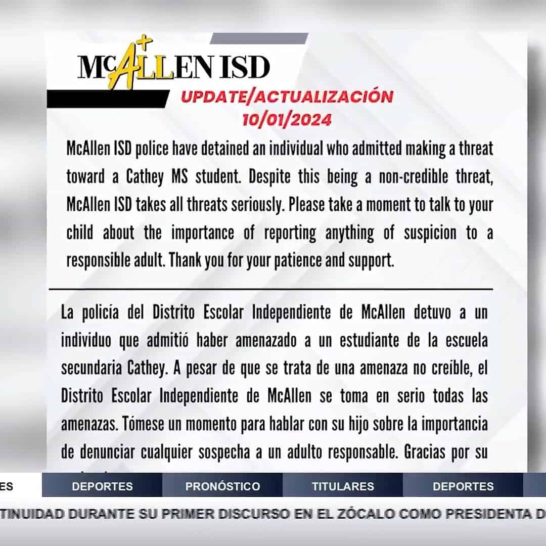 Arrestan a Individuo por Amenazar a Estudiante en la Escuela Secundaria Cathy en McAllen