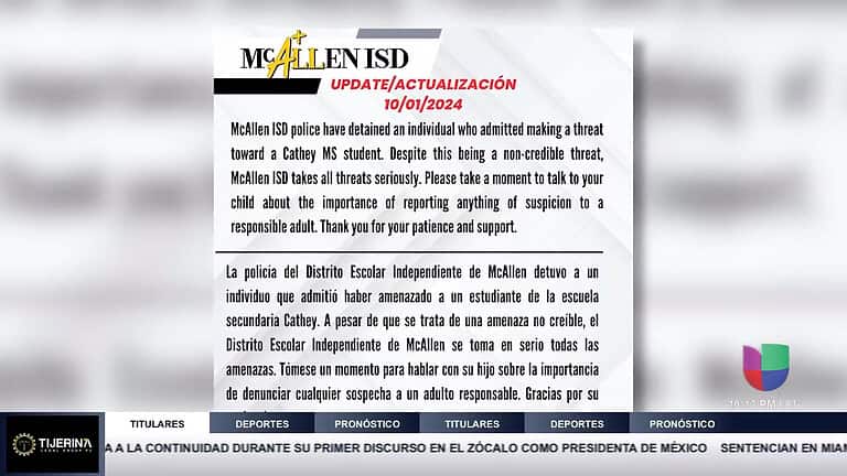 Arrestan a Individuo por Amenazar a Estudiante en la Escuela Secundaria Cathy en McAllen