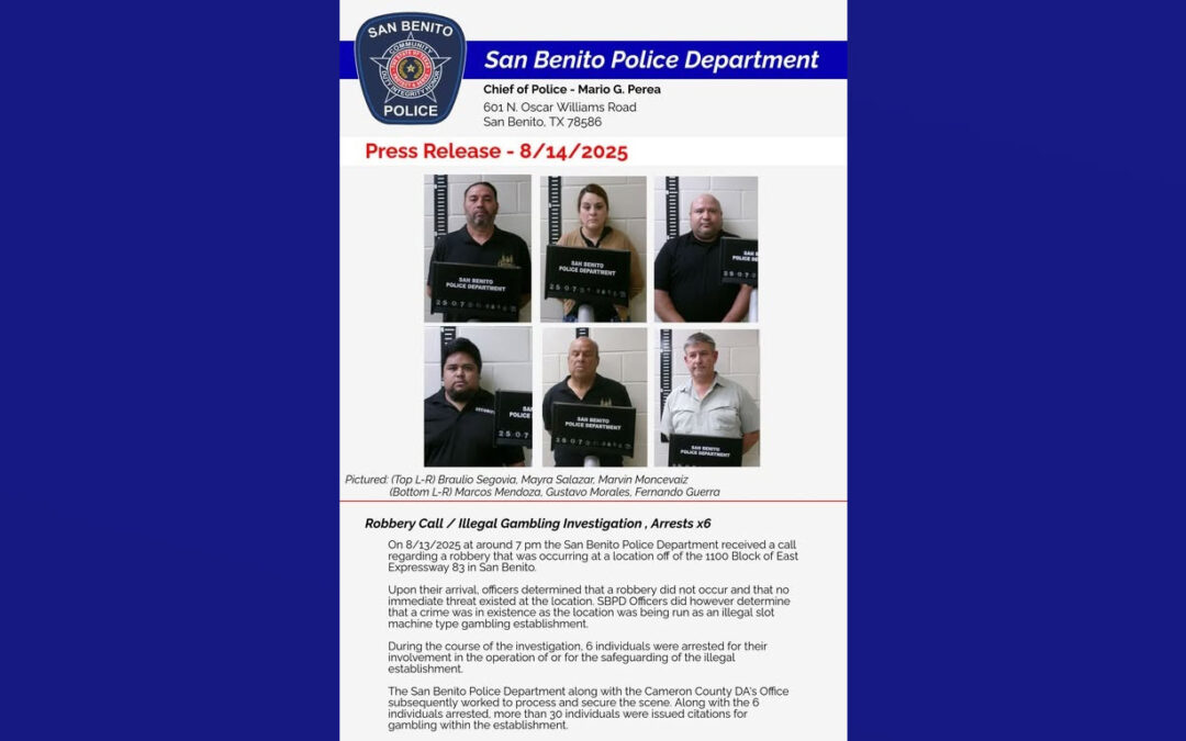 Seis arrestados en San Benito durante investigación de apuestas ilegales