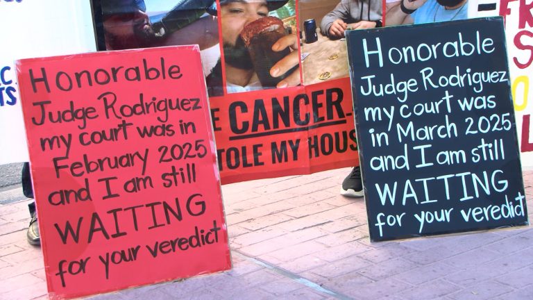 Víctimas de fraude inmobiliario protestan en la corte del condado exigiendo justicia