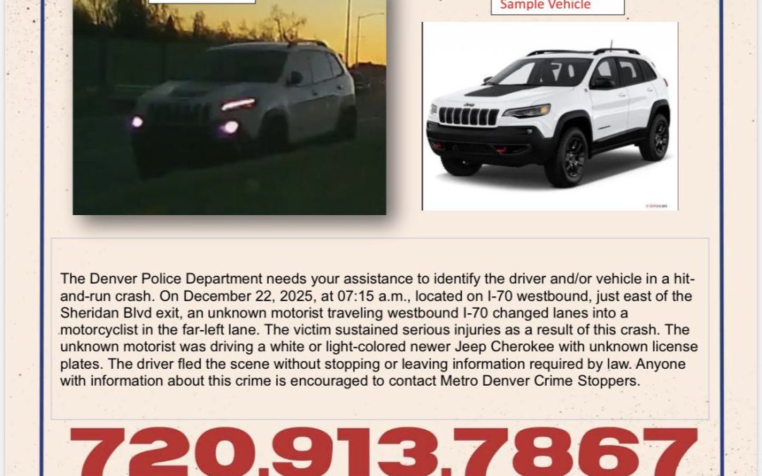 Choque con fuga en la I‑70: policía de Denver busca Jeep Cherokee tras grave accidente con motociclista