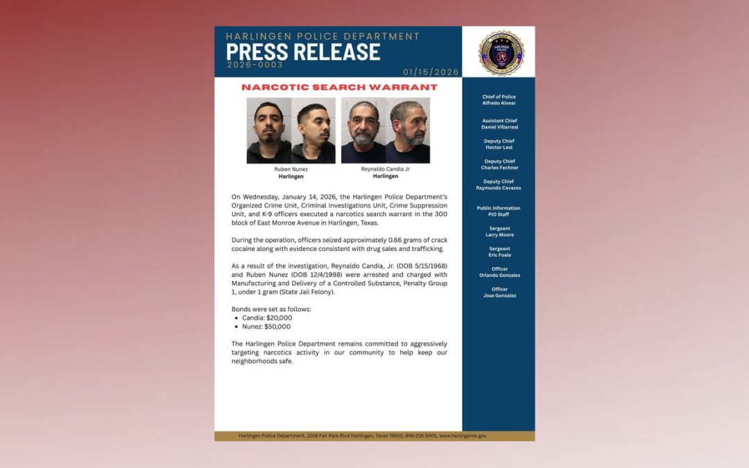 Dos hombres arrestados tras cateo por narcóticos en Harlingen