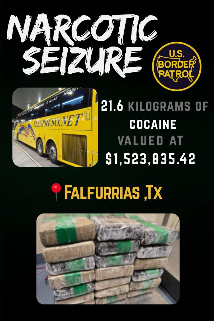 Agentes de la Patrulla Fronteriza decomisan 21.6 kilogramos de cocaína en el punto de control de Falfurrias
