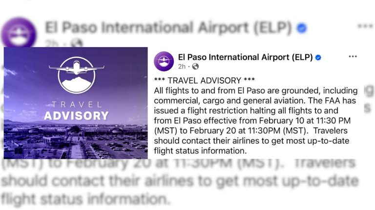 Suspensión de vuelos en El Paso: FAA detiene todas las operaciones hasta el 20 de febrero