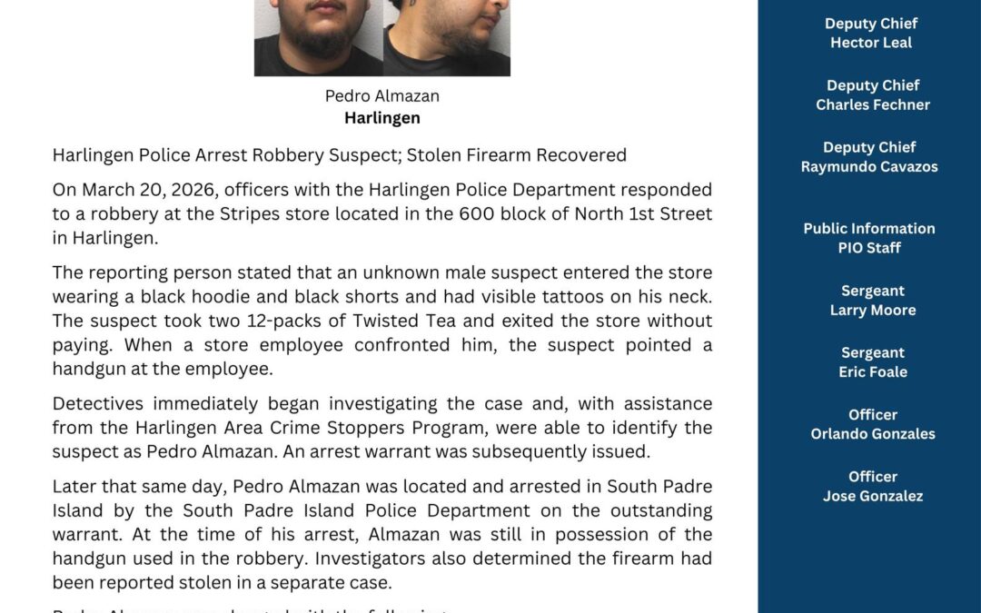 Arrestan a sospechoso de robo agravado en Harlingen; recuperan arma robada