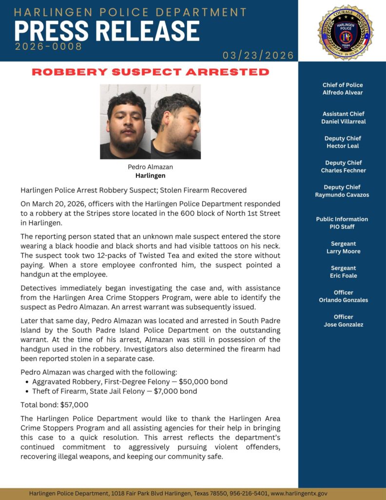 Arrestan a sospechoso de robo agravado en Harlingen; recuperan arma robada