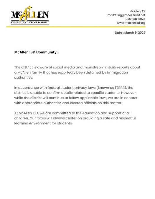 McAllen ISD reacciona ante el arresto de una familia por agentes migratorios