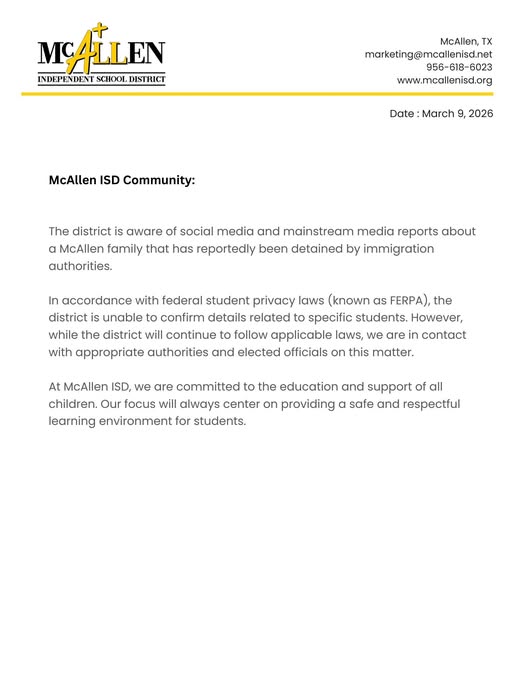 McAllen ISD reacciona ante el arresto de una familia por agentes migratorios