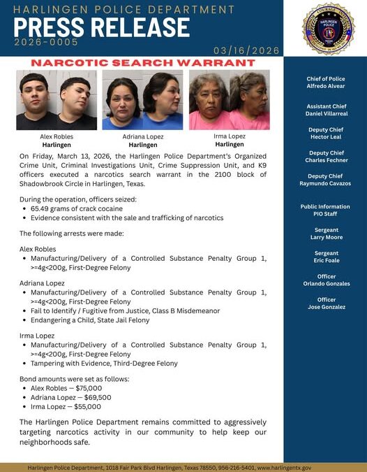 Tres personas arrestadas tras cateo por narcóticos en Harlingen