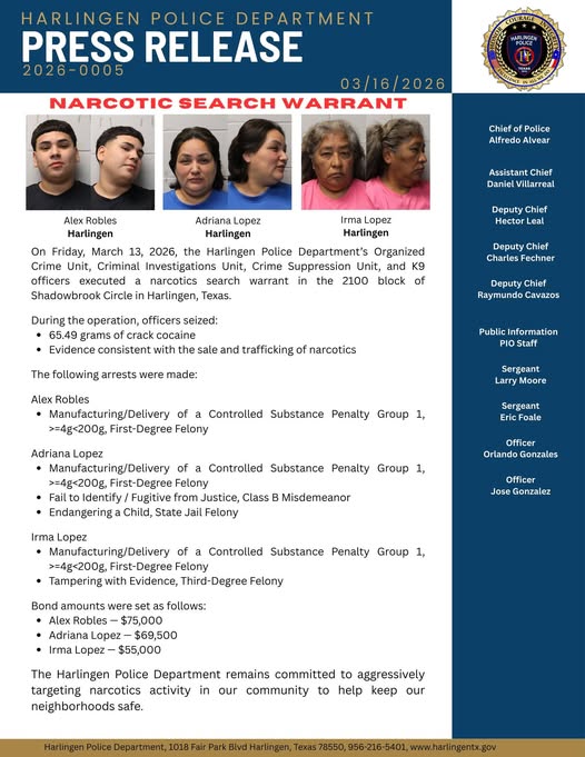 Tres personas arrestadas tras cateo por narcóticos en Harlingen