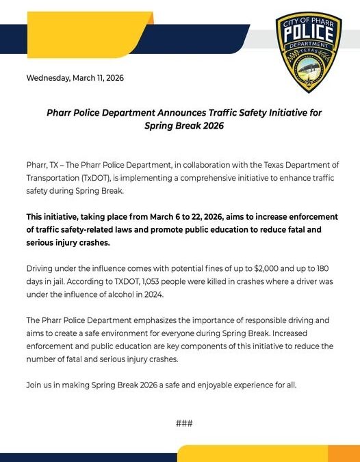 Policía de Pharr anuncia iniciativa de seguridad vial durante Spring Break 2026