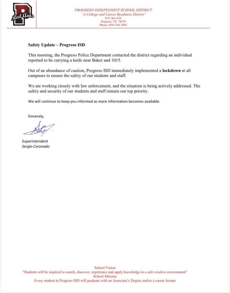 Progreso ISD activa cierre de emergencia por reporte de persona con cuchillo