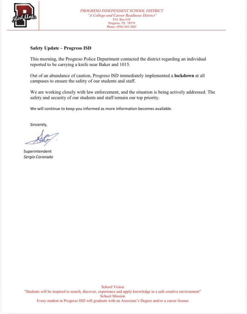 Progreso ISD activa cierre de emergencia por reporte de persona con cuchillo