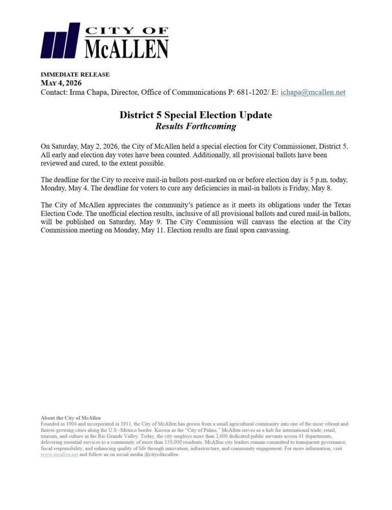 McAllen dará a conocer próximos resultados de elección especial del Distrito 5