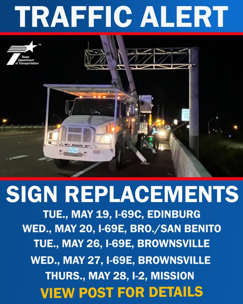 Anuncian cierres nocturnos en la I-69E en Brownsville por trabajos de señalización