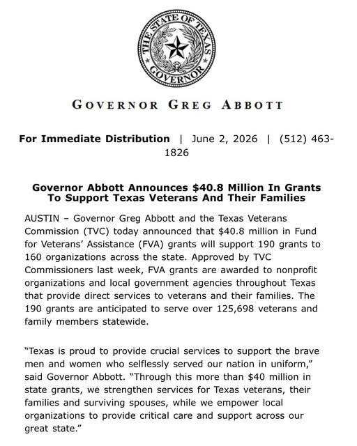 Texas destina $40.8 millones en subvenciones para apoyar a veteranos y sus familias