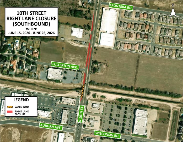 Anuncian cierre temporal de carril en la calle 10 de McAllen por obras de infraestructura