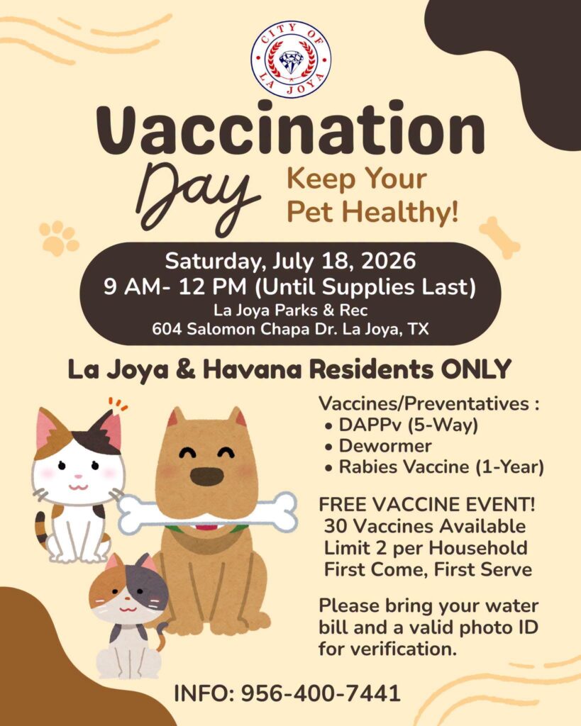 La Joya ofrecerá vacunación gratuita para mascotas el 18 de julio