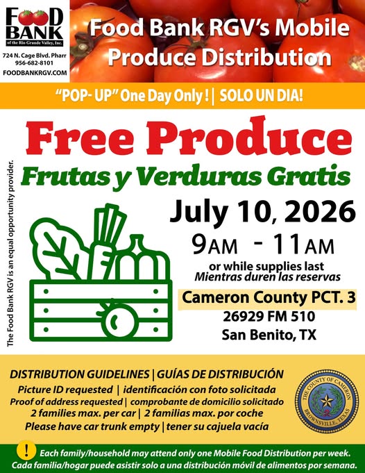 Food Bank RGV realizará distribución gratuita de frutas y verduras en San Benito este viernes