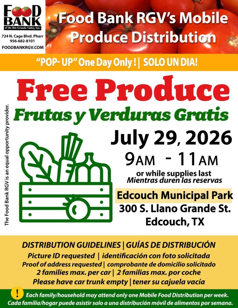 Food Bank RGV realizará distribución gratuita de frutas y verduras en Edcouch