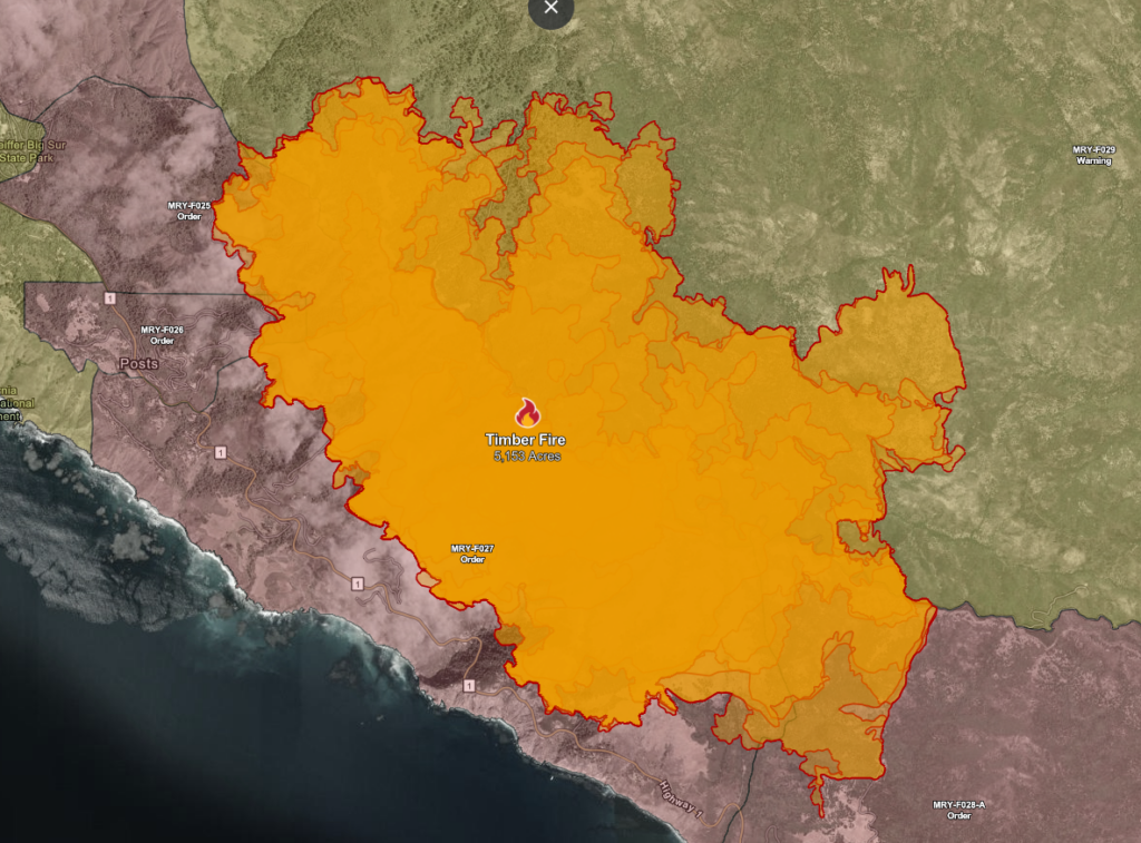 Incendio Timber alcanza 5,153 acres y aumenta a 17% su contención en Monterey