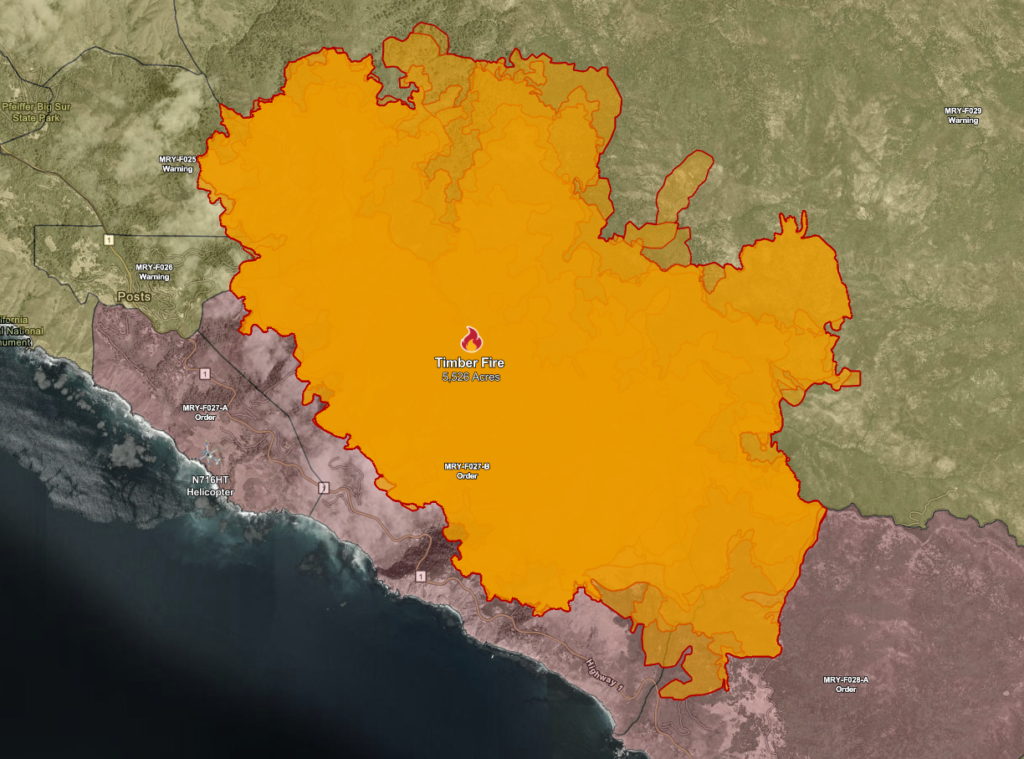 Incendio Timber crece a 5,526 acres y alcanza 24% de contención en Monterey