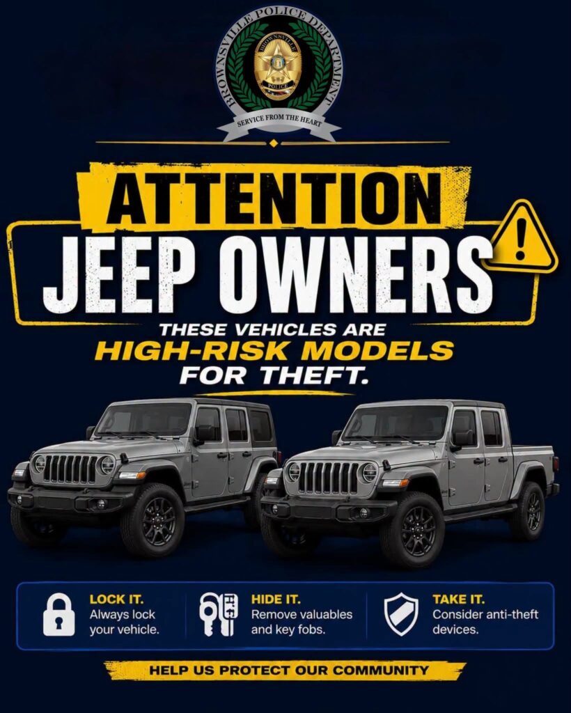 Brownsville alerta por aumento en robos de Jeep Gladiator y Wrangler