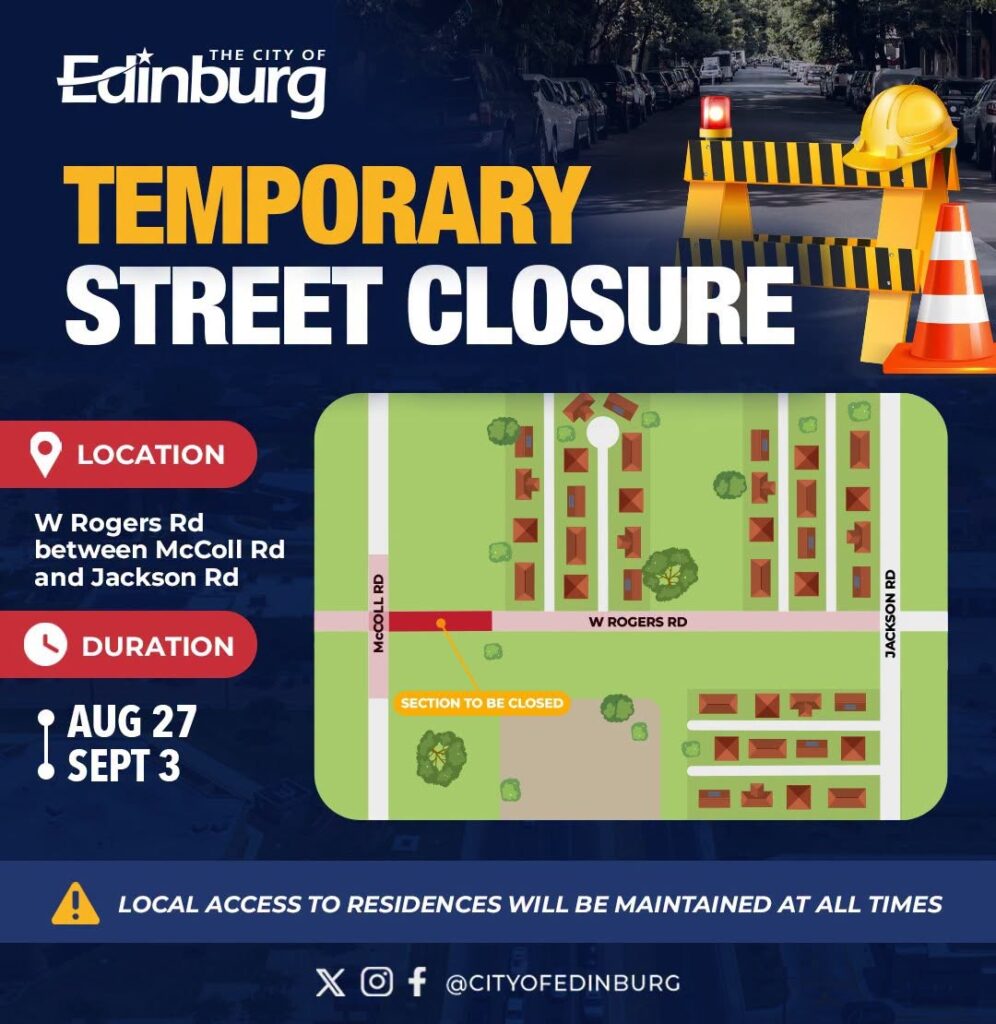 Edinburg anuncia cierre de Rogers Road por obras