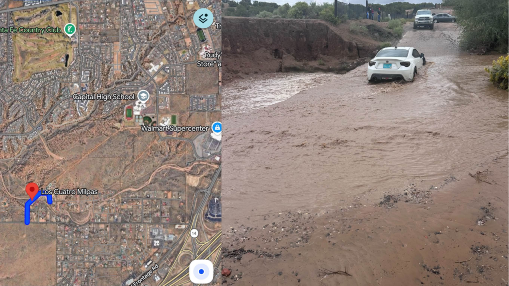 Cierre vial en Santa Fe por severas inundaciones: Los Cuatro Milpas a la altura de Mutt Nelson en Santa Fe