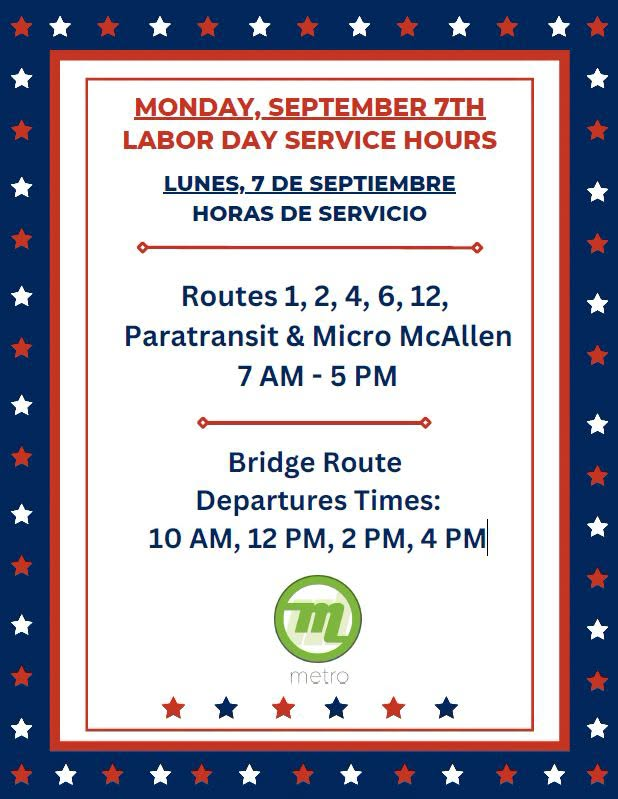 Horario especial de Metro McAllen por el Día del Trabajo