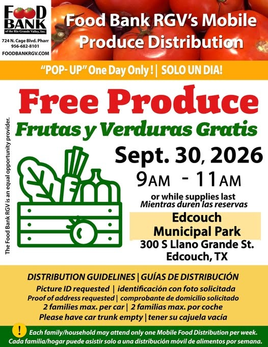 Frutas y verduras gratis se distribuirán este miércoles en Edcouch