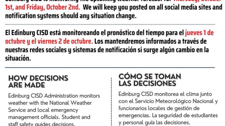 Edinburg CISD monitorea el pronóstico del tiempo para el jueves y viernes