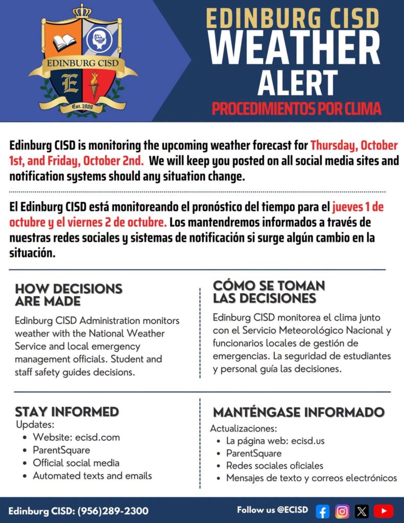 Edinburg CISD monitorea el pronóstico del tiempo para el jueves y viernes