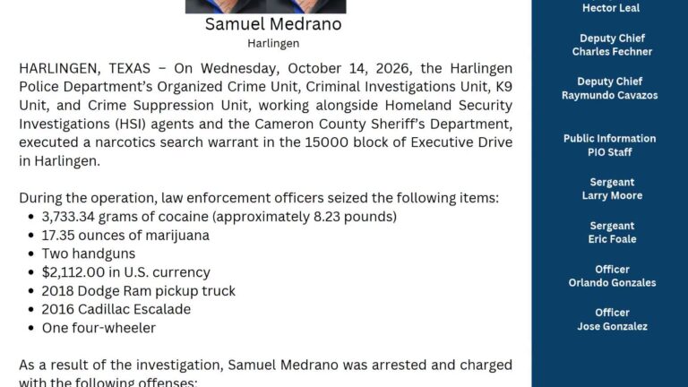 Arrestan a hombre en Harlingen tras decomiso de cocaína, marihuana y armas