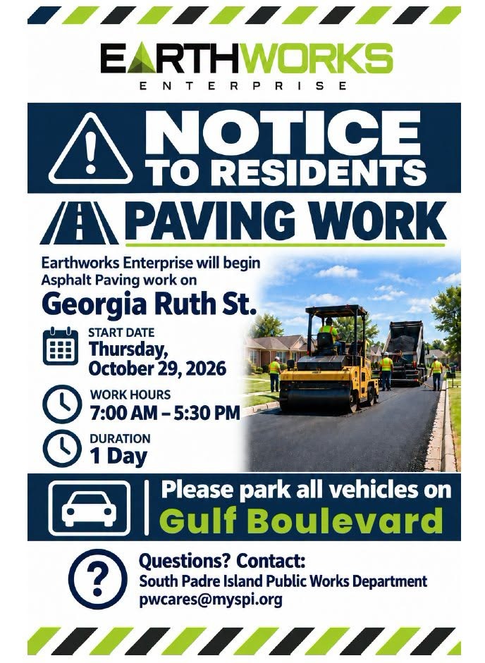 Anuncian trabajos de pavimentación en Georgia Ruth Street en South Padre Island