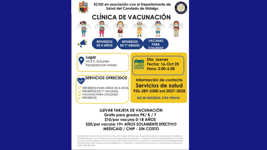 Edinburg CISD y el Condado Hidalgo ofrecerán clínica de vacunación el 16 de octubre