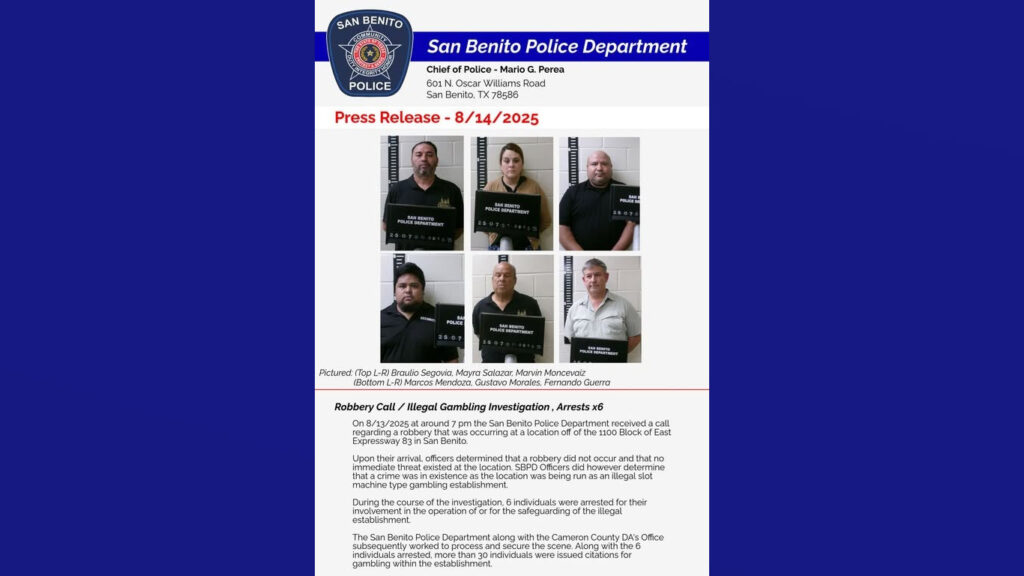 Seis arrestados en San Benito durante investigación de apuestas ilegales