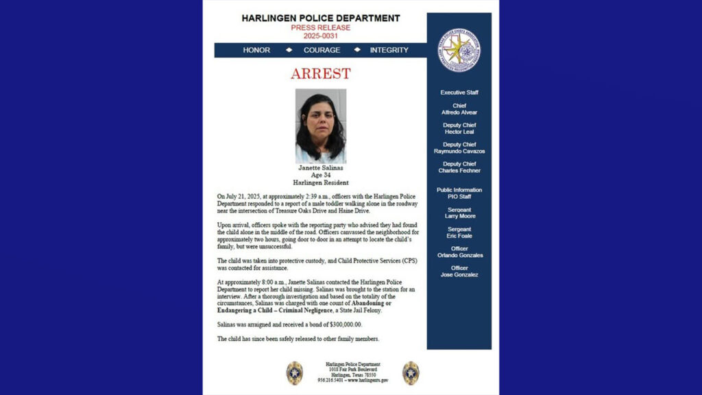 Mujer enfrenta cargos por abandono de menor en Harlingen; niño fue encontrado deambulando solo