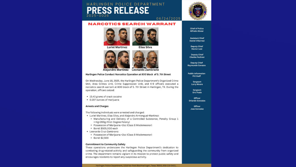 Operativo antidrogas en Harlingen deja a varios detenidos