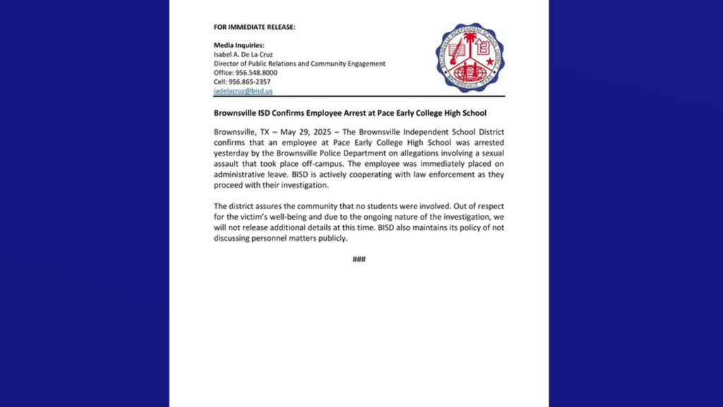 Confirman arresto de empleado de preparatoria en Brownsville