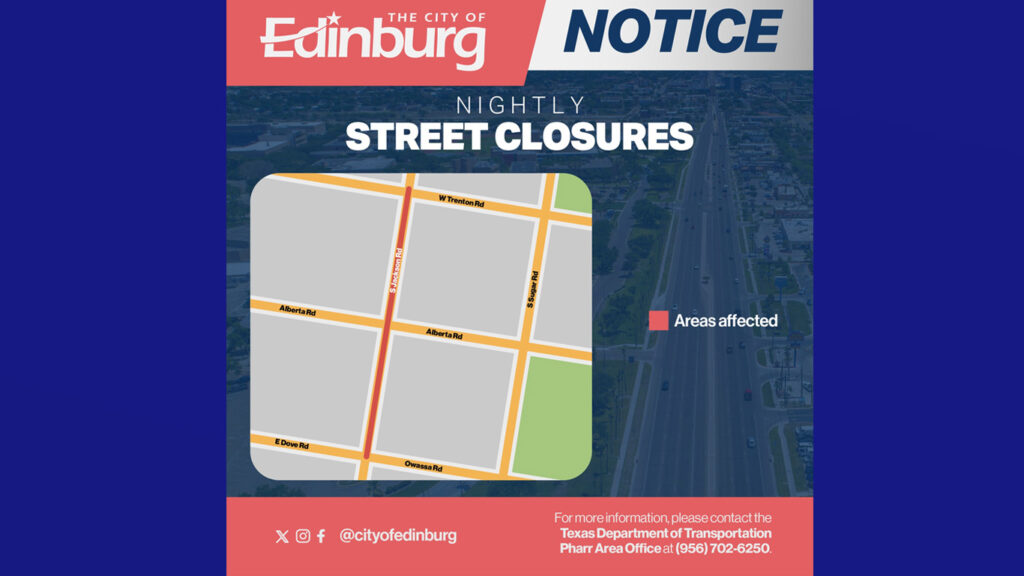 Cierre nocturno en Jackson Rd en Edinburg por trabajos de pavimentación de TxDOT