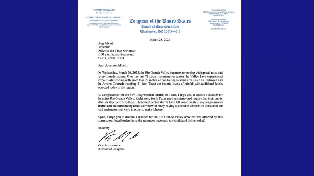 Congresista Vicente González insta a Greg Abbott a declarar desastre en la región