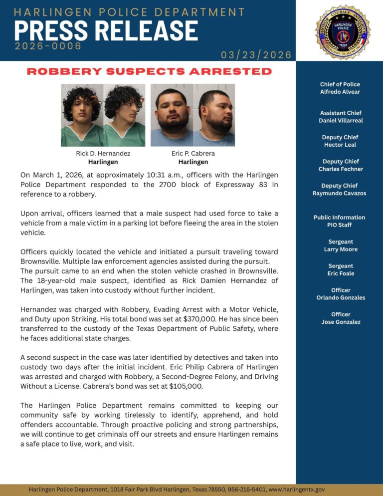 Arrestan a dos sospechosos por robo en Harlingen tras persecución